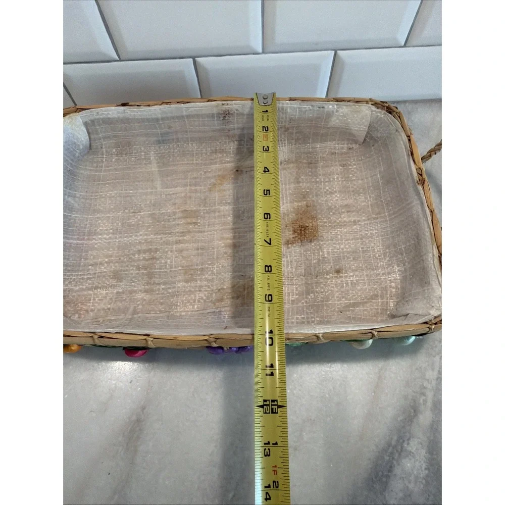 Vintage Fruit Wicker Basket Hand Woven Carrier Straw Raffia Lined Casserole 3-D